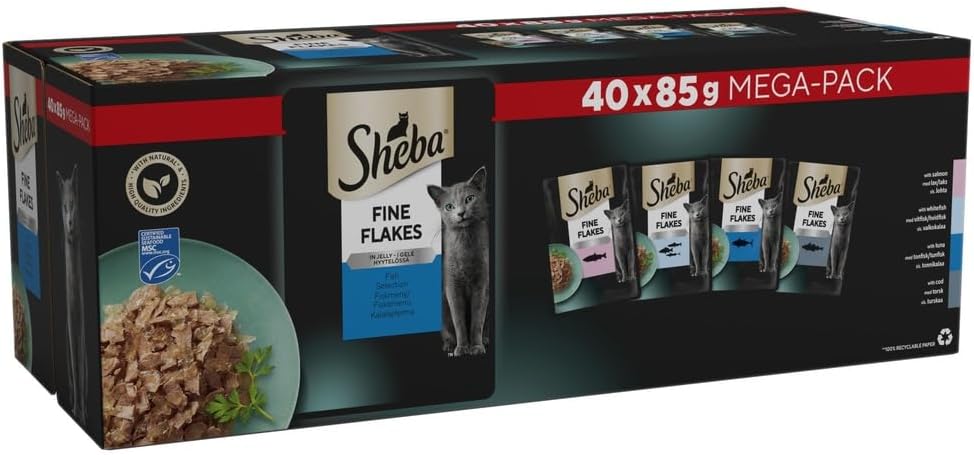 Fine Flakes in Jelly – Fish Collection – Wet Cat Food Pouches for Adult Cats – 40X85G Pack