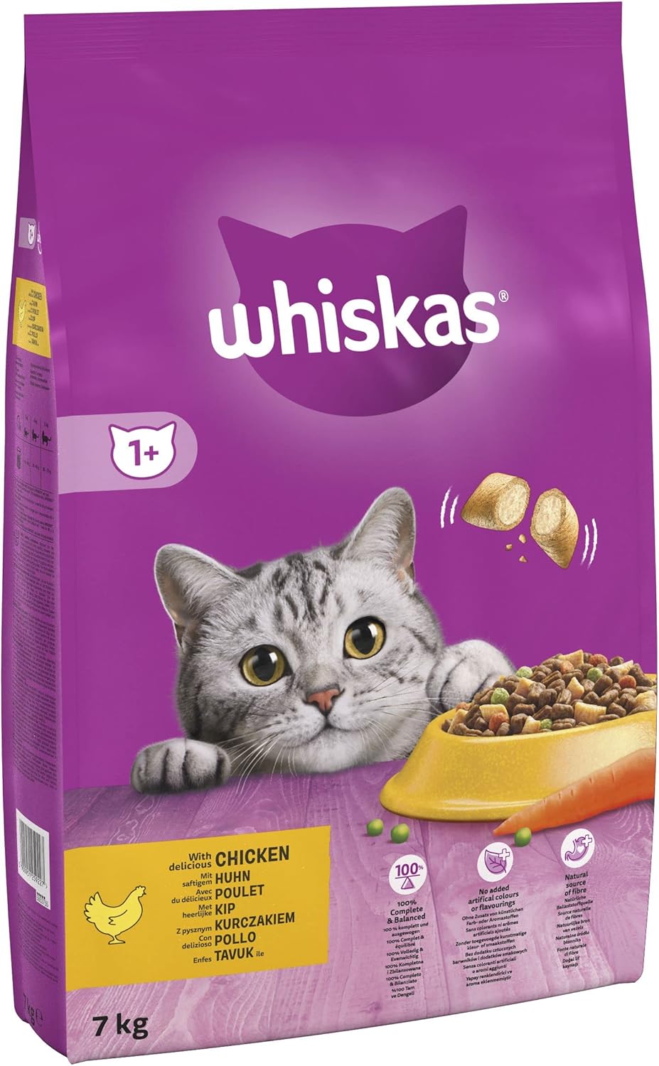 - 1+ Adult Dry Cat Food - 7Kg - Biscuits Made with Chicken - Bulk Cat Food Bag