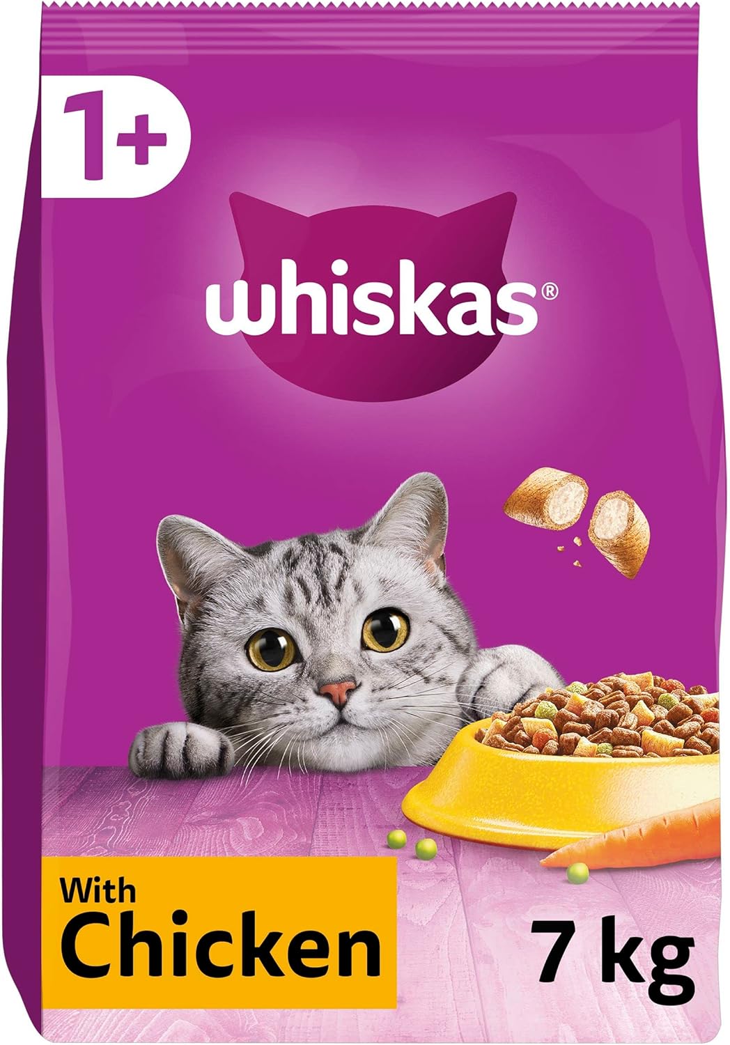 - 1+ Adult Dry Cat Food - 7Kg - Biscuits Made with Chicken - Bulk Cat Food Bag