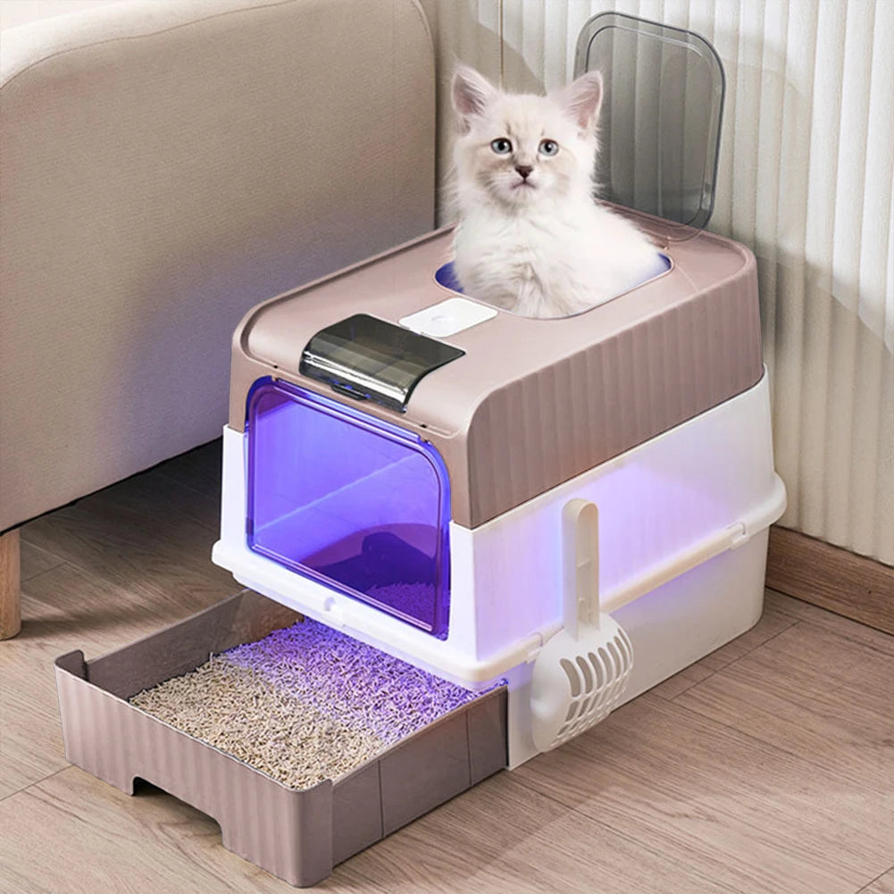 Fully Enclosed UV Sterilizing Cat Litter Box Top Entry Splash-Proof Cat Toilet Large Capacity